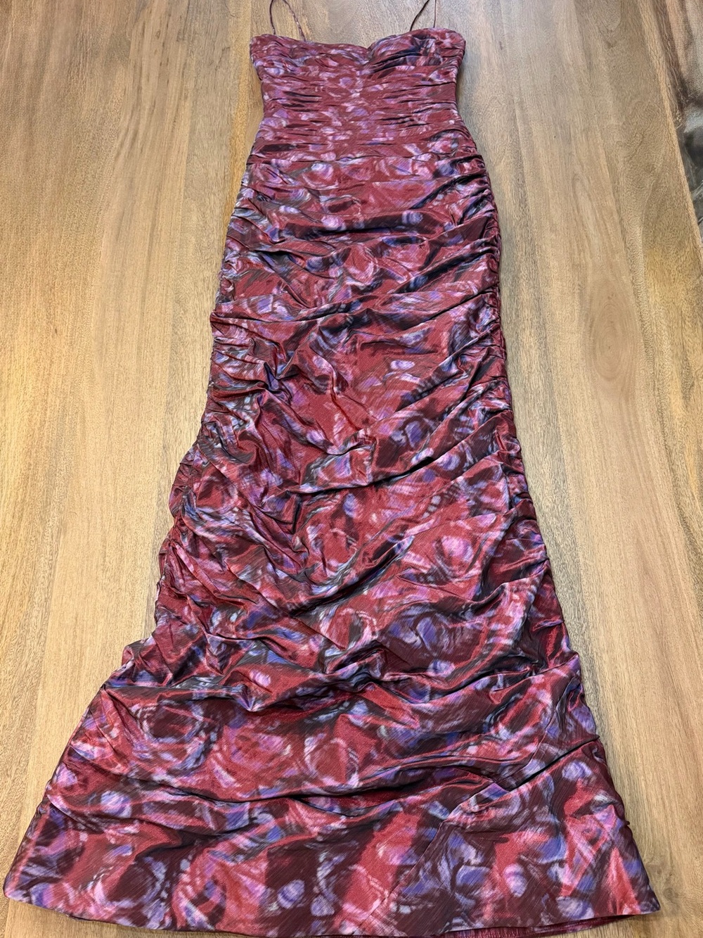 Teri Jon Strapless Ruched Dress in Burgundy and Purple Tones